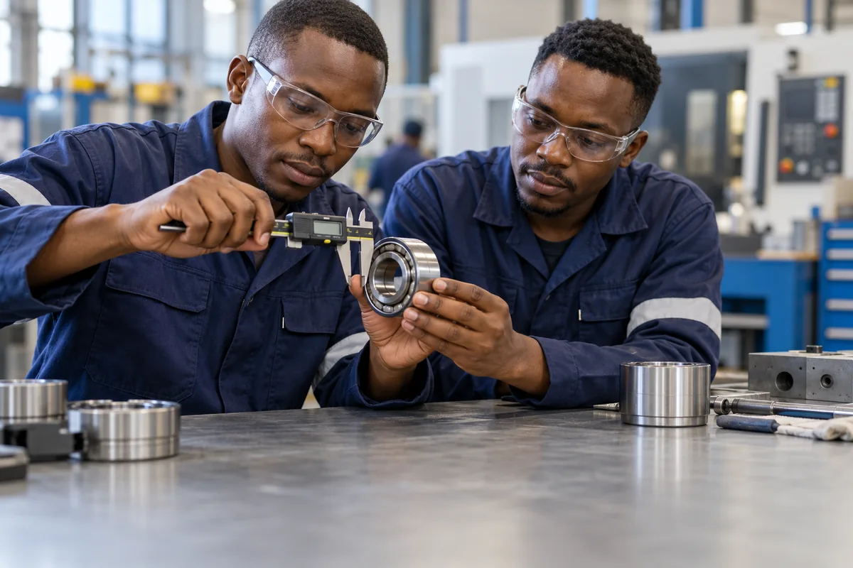 Illustrative technicians carefully measuring an industrial bearing