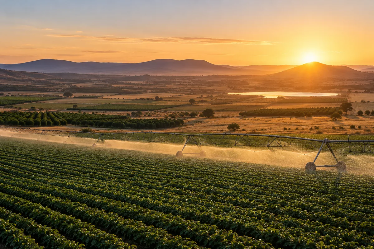 Illustrative agricultural fields and irrigation at dawn