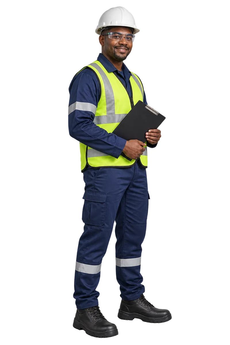 Illustrative industrial male worker wearing protective workwear