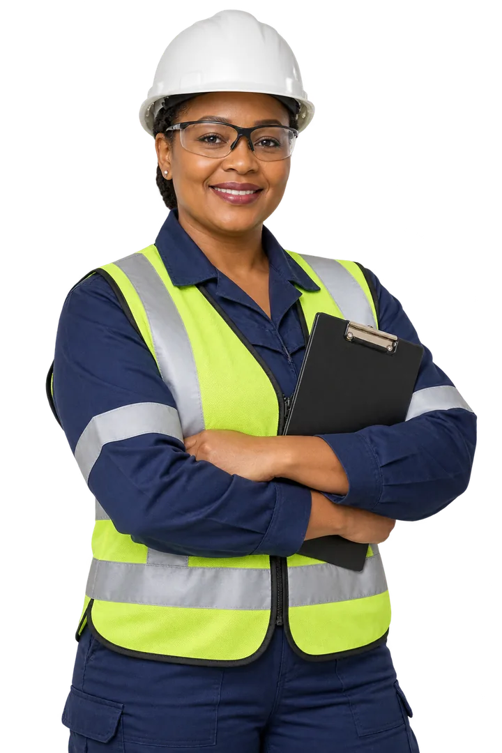 Illustrative industrial female worker wearing protective workwear
