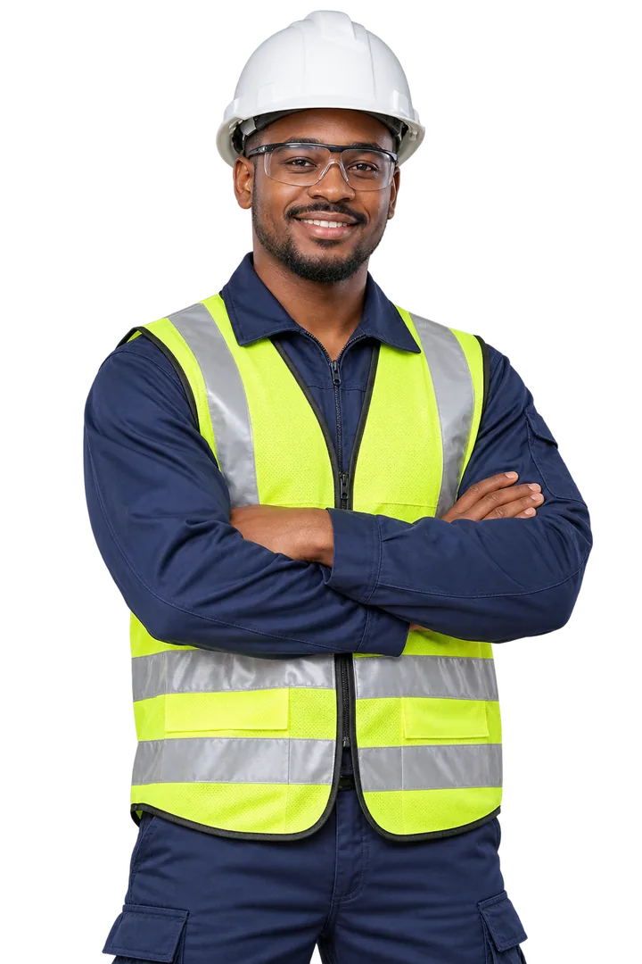 Illustrative industrial male worker wearing protective workwear
