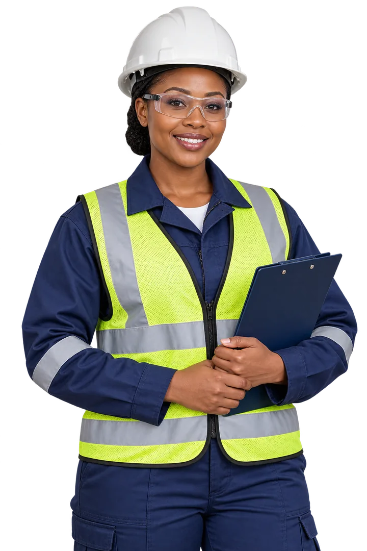 Illustrative industrial female worker wearing protective workwear