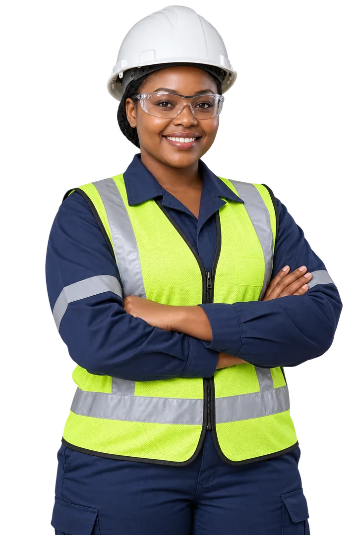 Illustrative industrial female worker wearing protective workwear