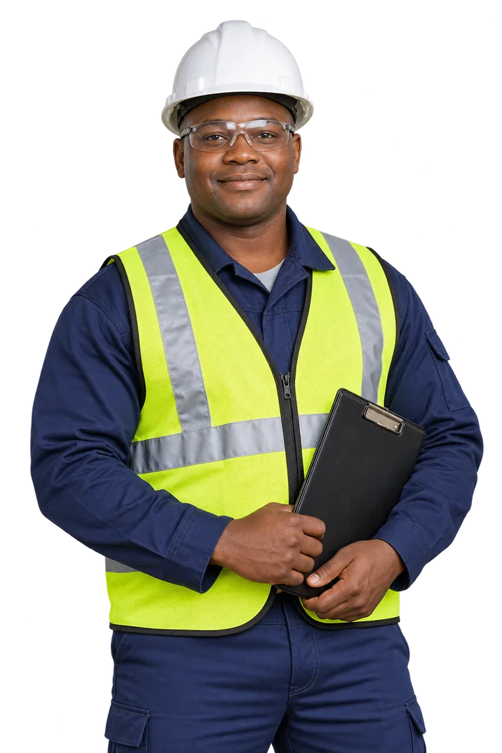 Illustrative industrial male worker wearing protective workwear