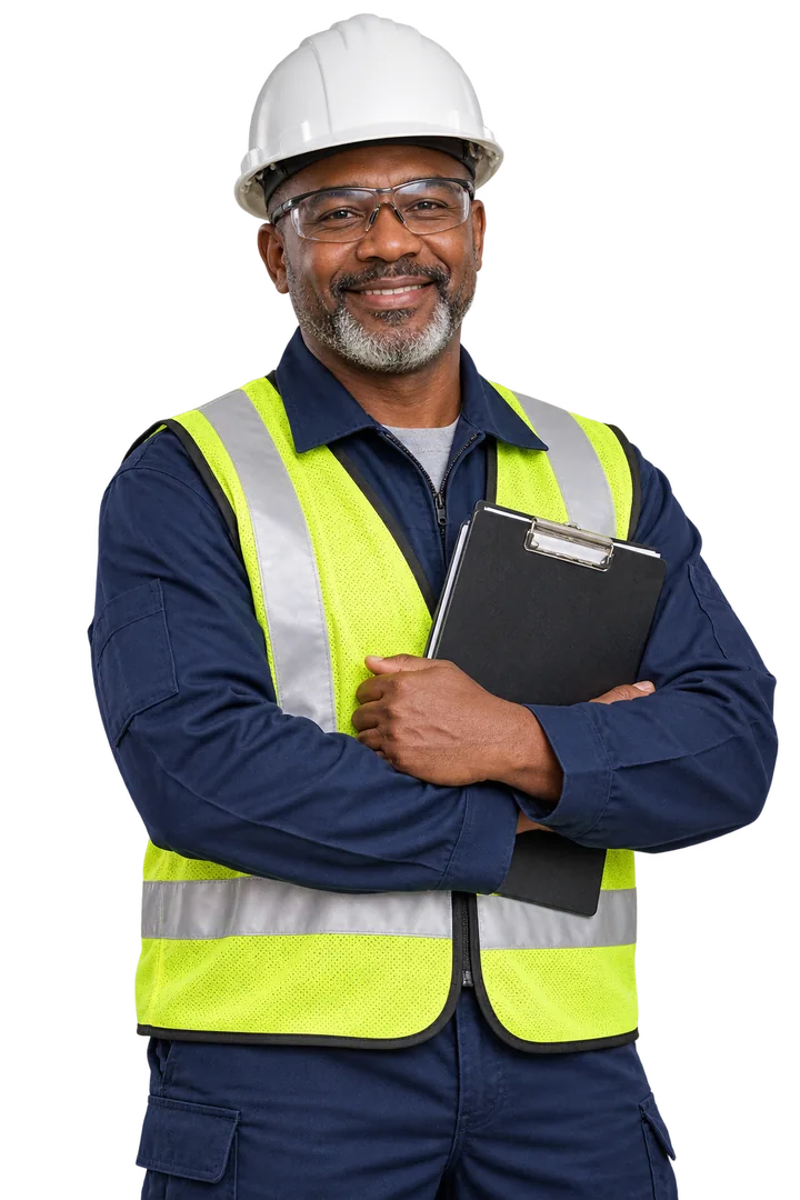 Illustrative industrial male worker wearing protective workwear
