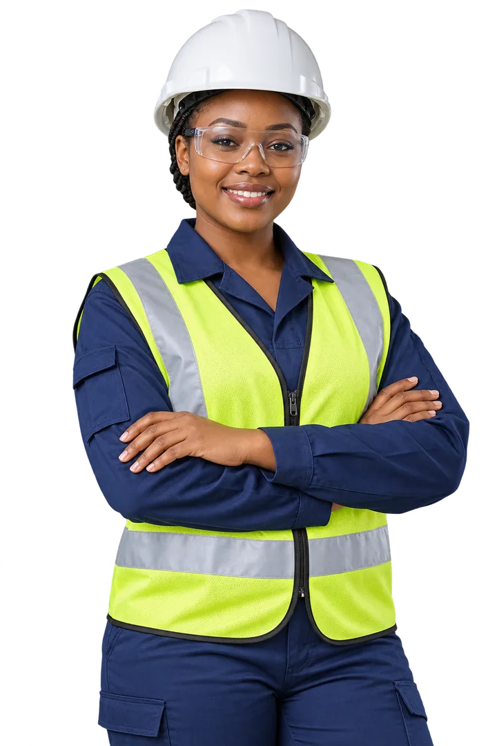 Illustrative industrial female worker wearing protective workwear