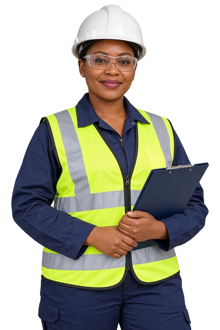 Illustrative industrial female worker wearing protective workwear