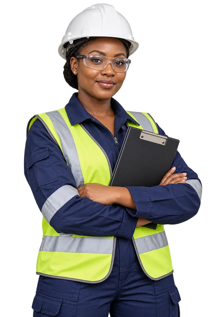 Illustrative industrial female worker wearing protective workwear