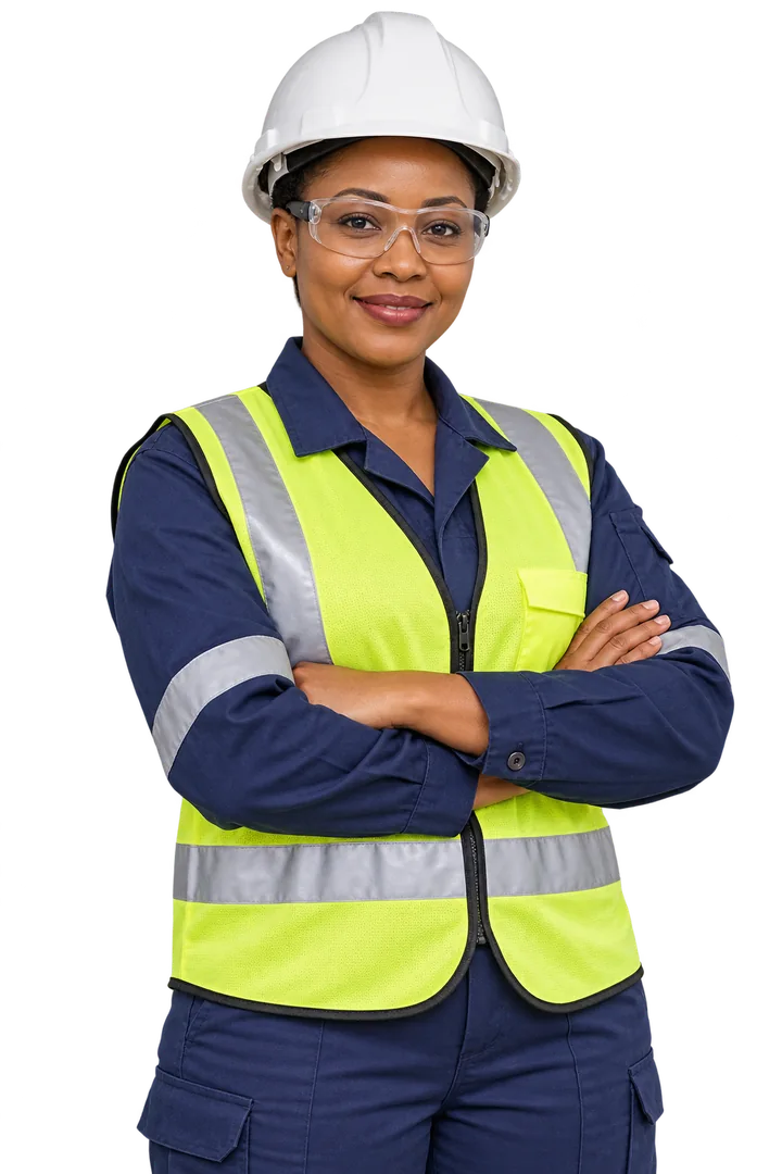 Illustrative industrial female worker wearing protective workwear