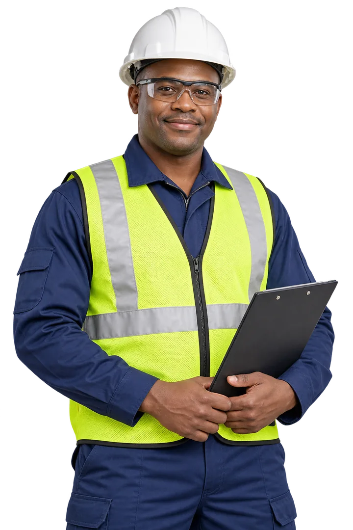 Illustrative industrial male worker wearing protective workwear