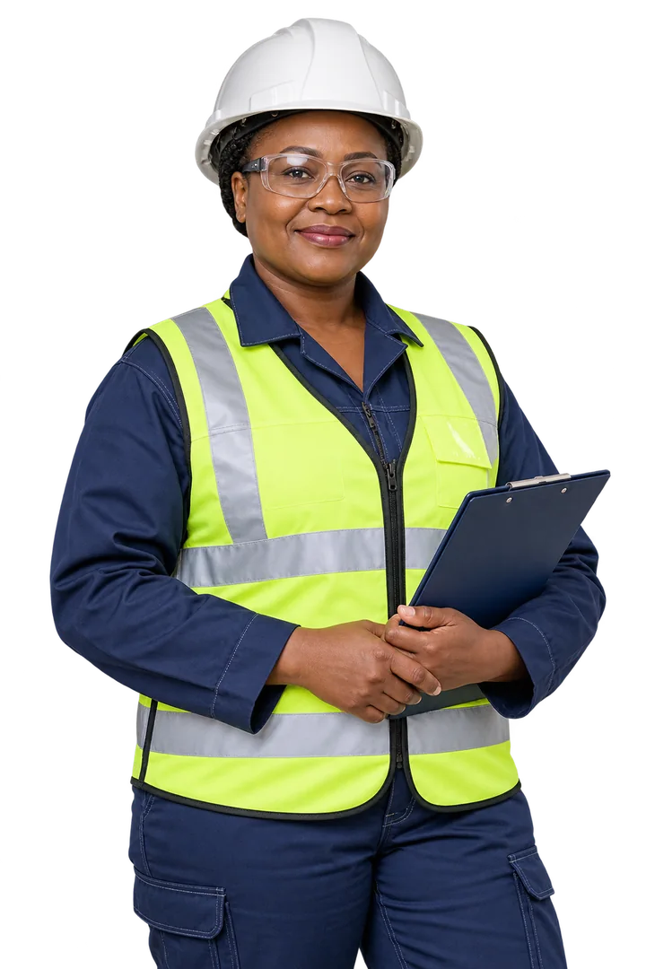 Illustrative industrial female worker wearing protective workwear