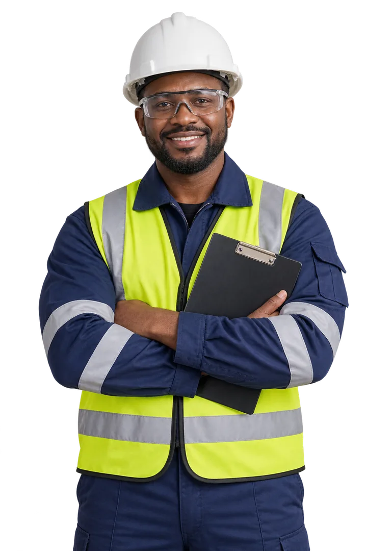 Illustrative industrial male worker wearing protective workwear
