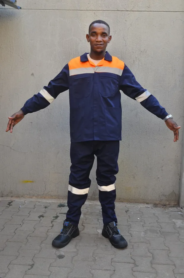 Navy and orange overalls with silver reflective bands