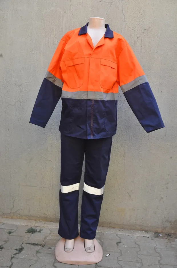 Orange and navy overalls with silver reflective bands