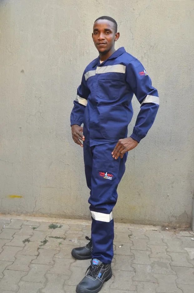 Navy overalls with silver reflective bands