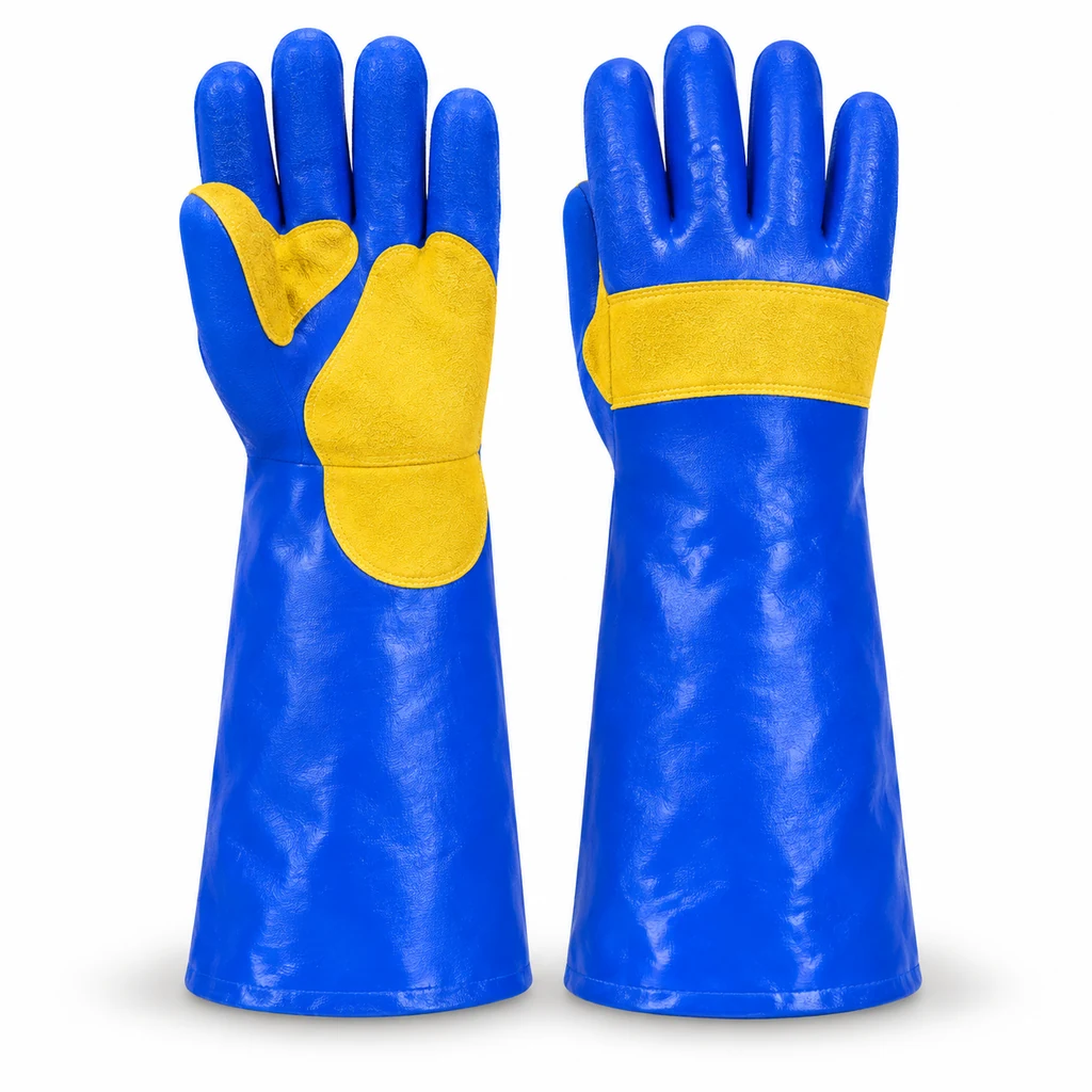 Blue lined elbow-length gloves