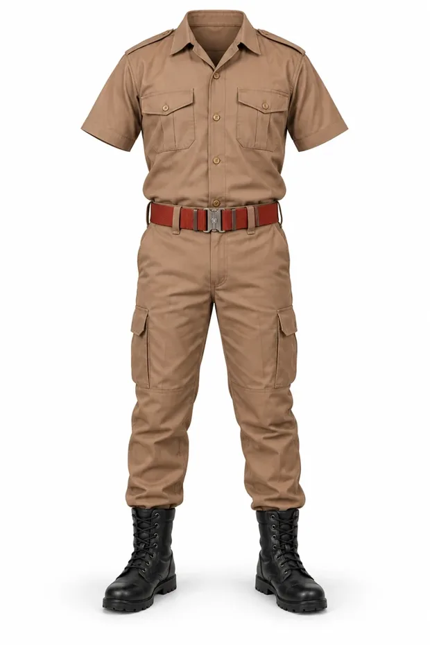 Brown combat outfit · illustrative reference